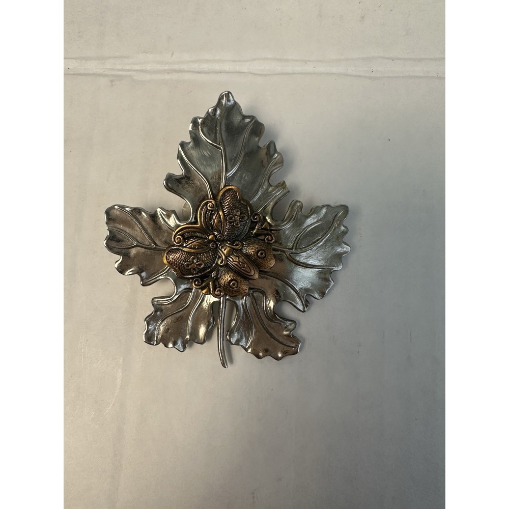 Vintage Sylvia Signed Leaf Butterfly Hair Barrette Clip Silver Bronze Tone Boho